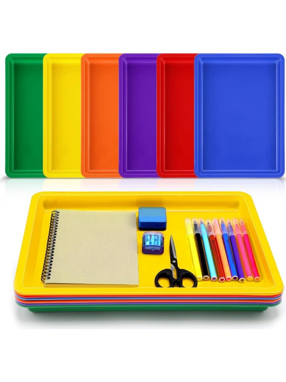 6 Pack Large Plastic Art Trays - Colorful Rainbow, 16x12x1 Inch for Classroom